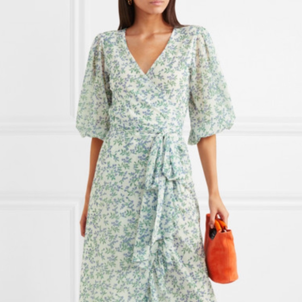 Ganni Tilden Mesh Floral Wrap Dress in Sky Blue 34 EU 2 US EUC